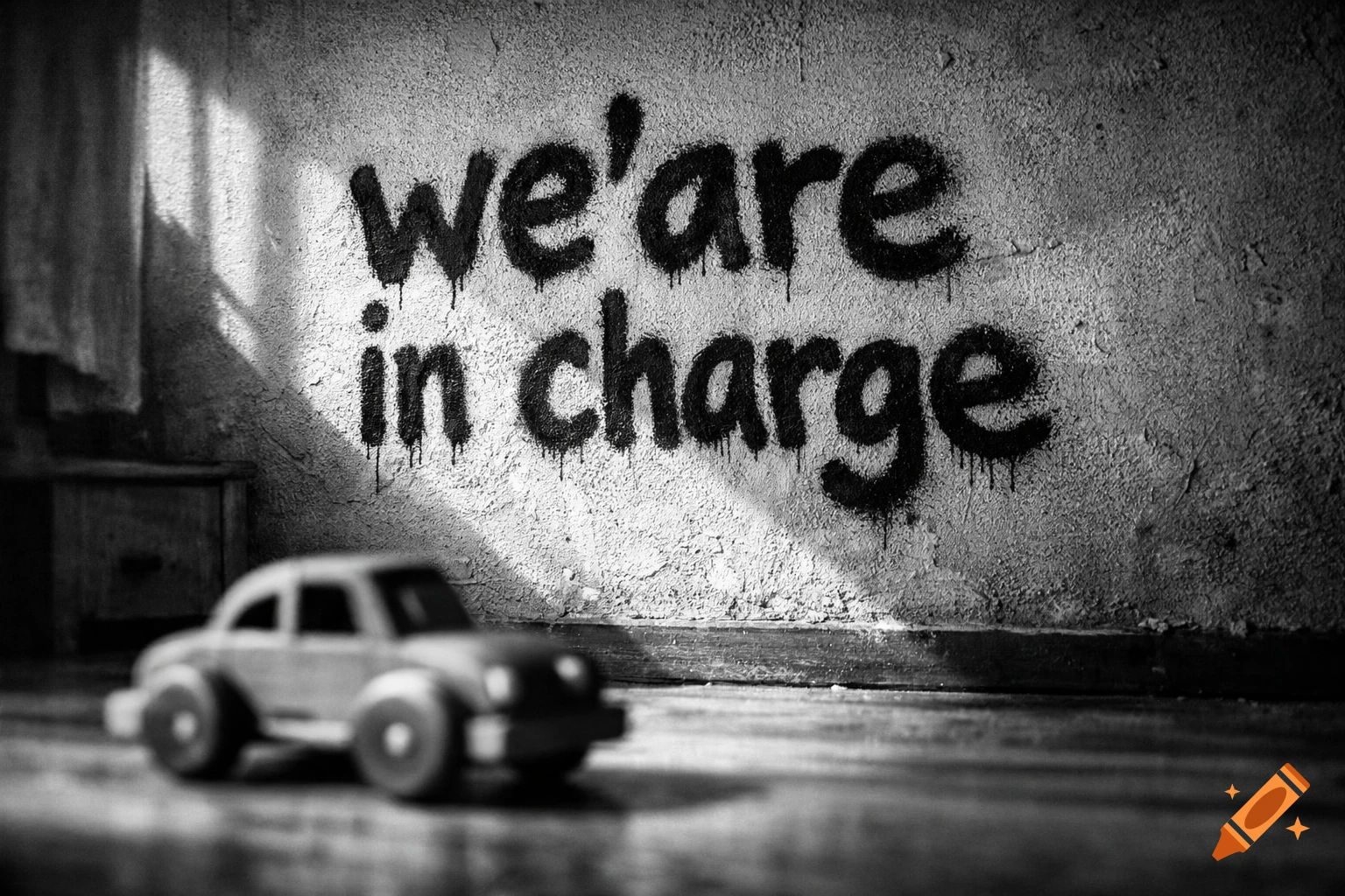 Black and white photo of 'we're in charge' graffiti on a textured wall above a blurred toy car.