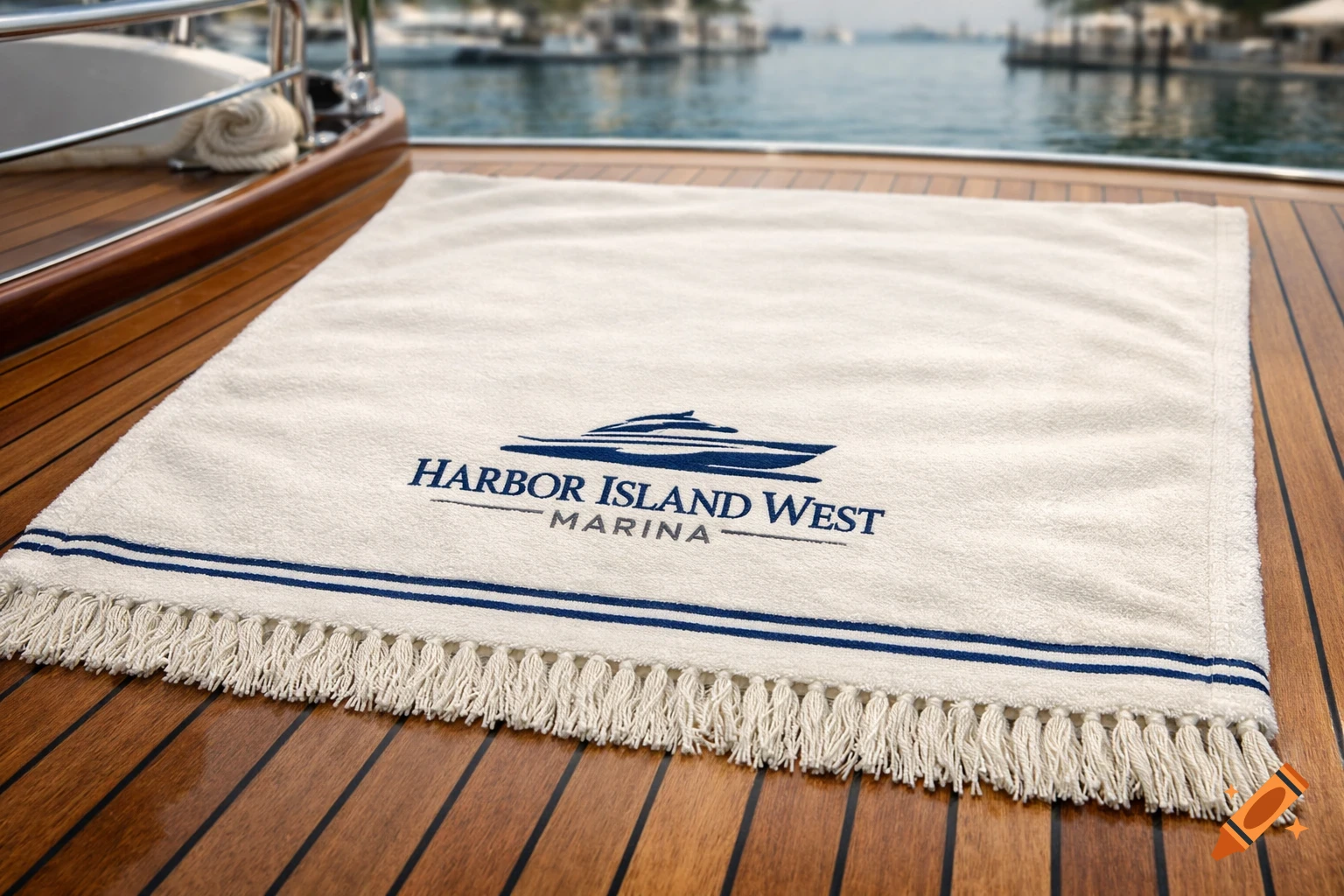 Off-white plush Turkish towel with fringed ends and 'Harbor Island West Marina' logo, featuring a boat graphic, laid on a teak yacht deck.