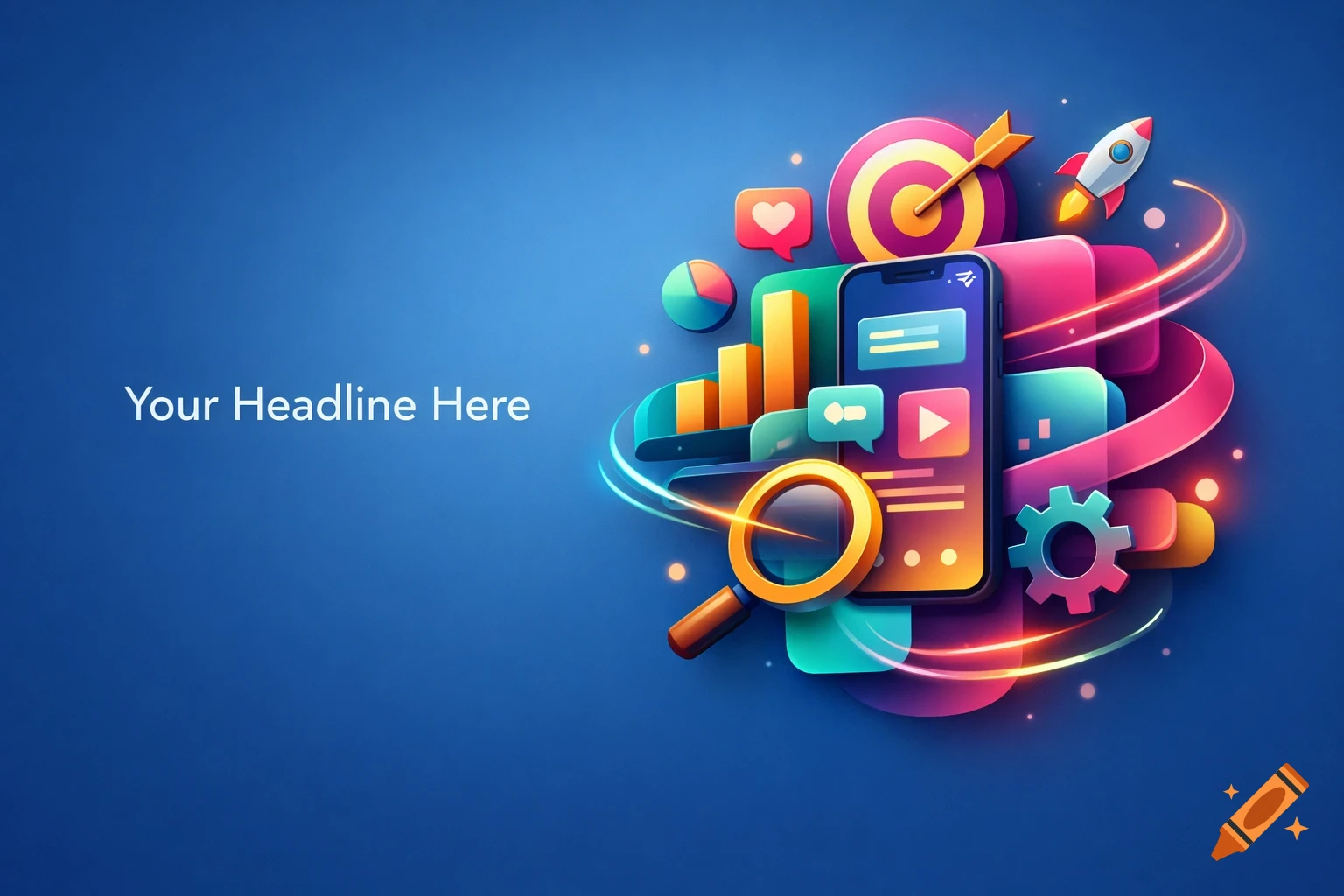 Modern graphic with smartphone, bar charts, target, rocket, and magnifying glass on a blue background, with 'Your Headline Here' text.