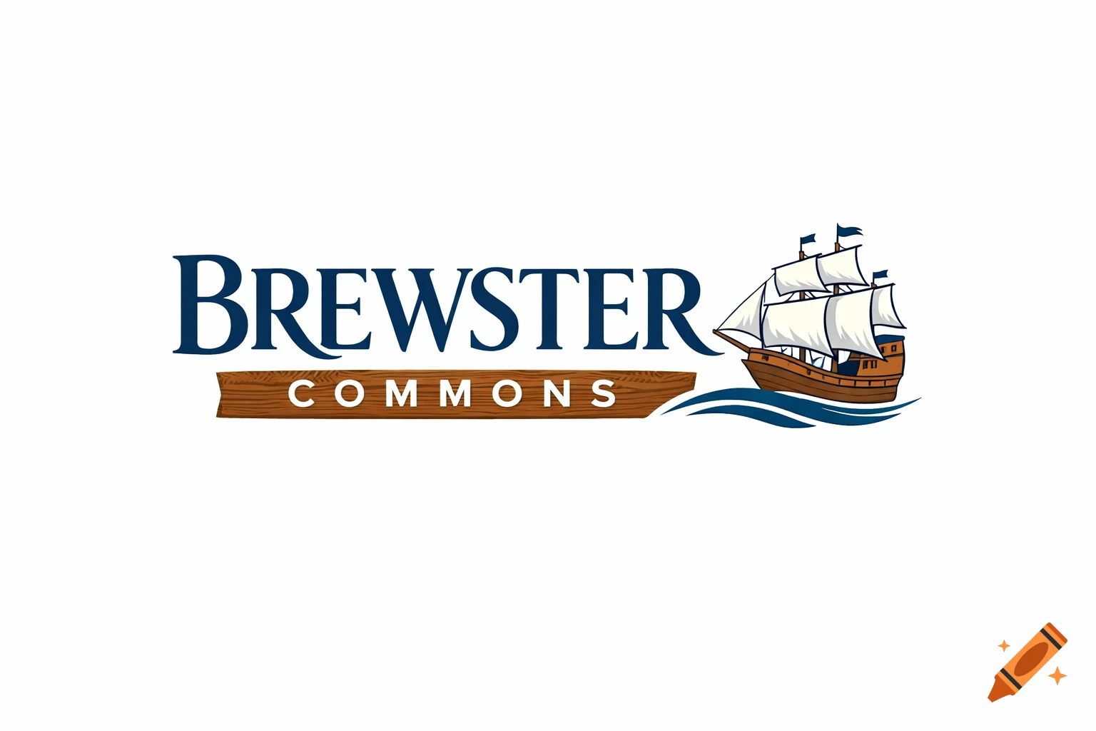Logo for Brewster Commons featuring a brown sailing ship on blue waves next to the text on a wooden plank.