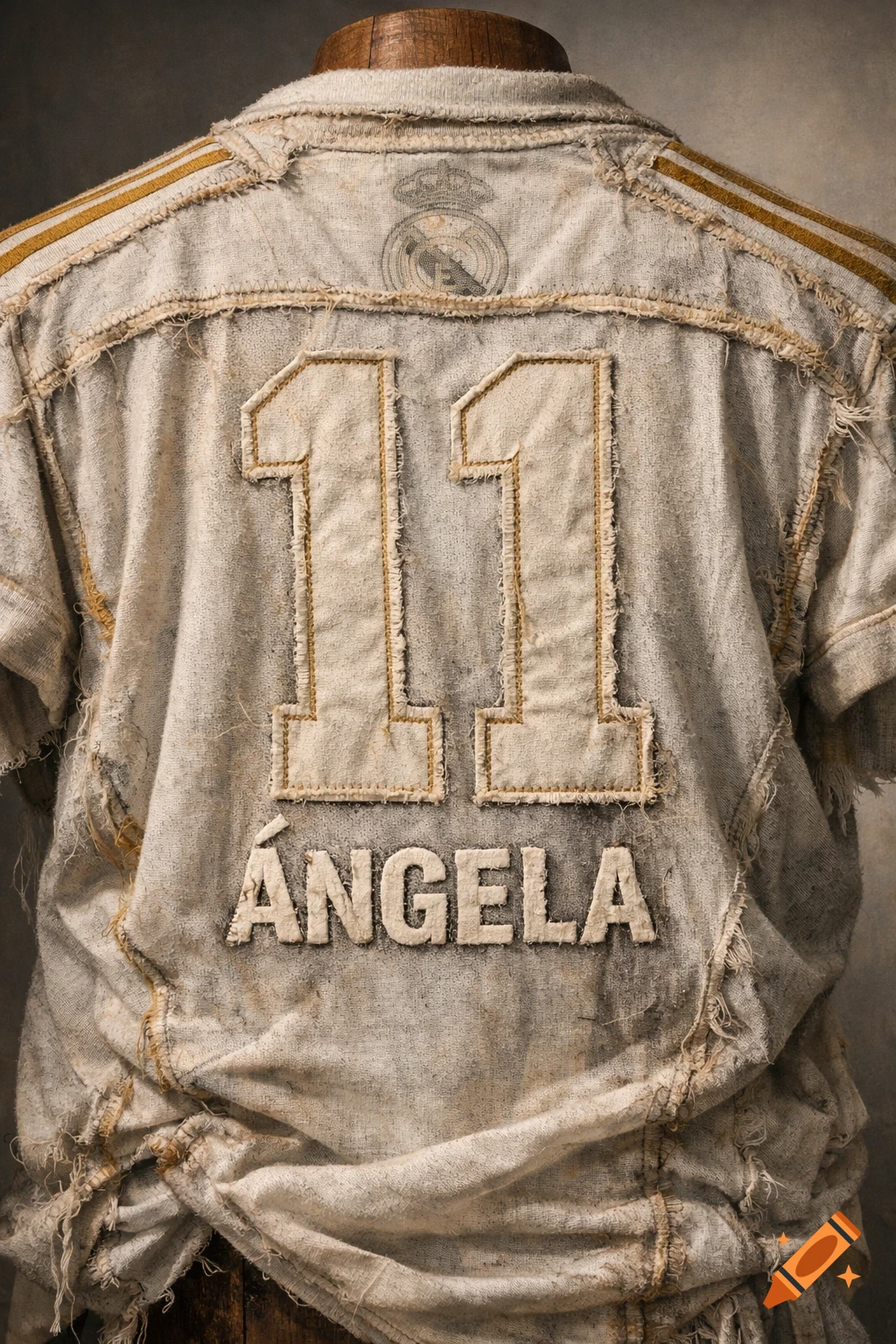 A distressed, inside-out white football jersey with the number 11 and the name ÁNGELA stitched on the back, featuring gold stripes on the shoulders.