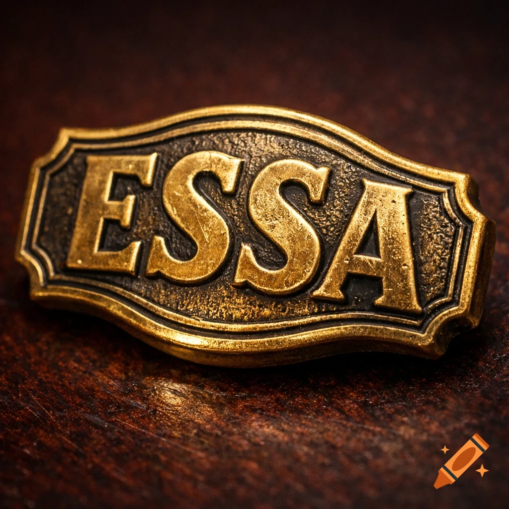 A close-up of a weathered brass pin with raised letters spelling 'ESSA' on a dark wooden surface.