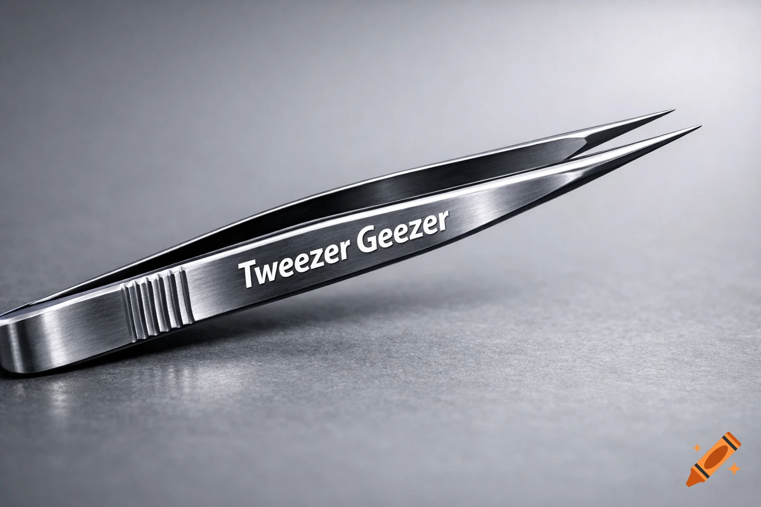A photorealistic close-up of shiny metal tweezers with "Tweezer Geezer" written on the side, lying on a gray surface.
