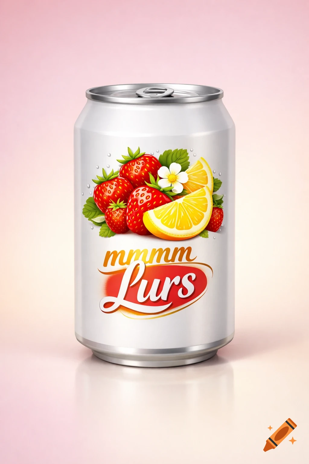 A white soda can with a label featuring strawberries and lemon slices, and the text 'mmmm Lurs' on a red and gold background.