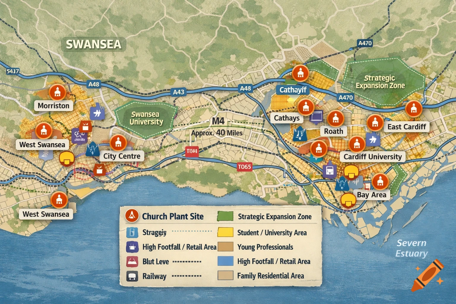 Detailed strategic map of Cardiff and Swansea in South Wales, featuring major districts, transport links, universities, and demographic zones with a legend.