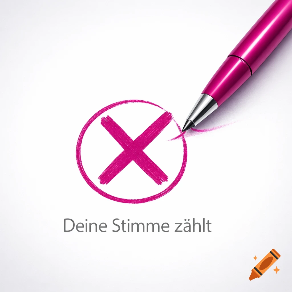 A magenta pen draws a magenta cross inside a circle on white paper, with the German text 'Deine Stimme zählt' below.