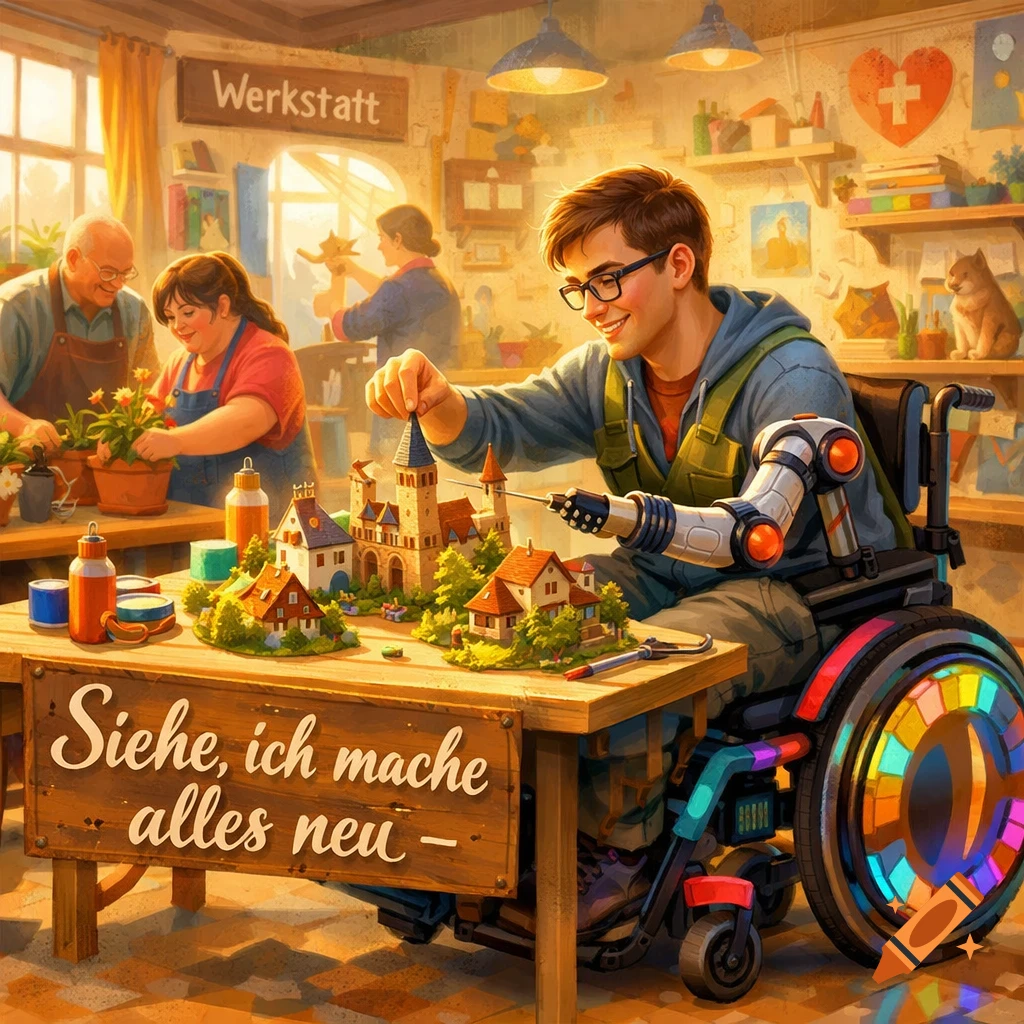 A man in a wheelchair with a robotic arm builds a model village at a table in a workshop, smiling. An older couple works in the background.