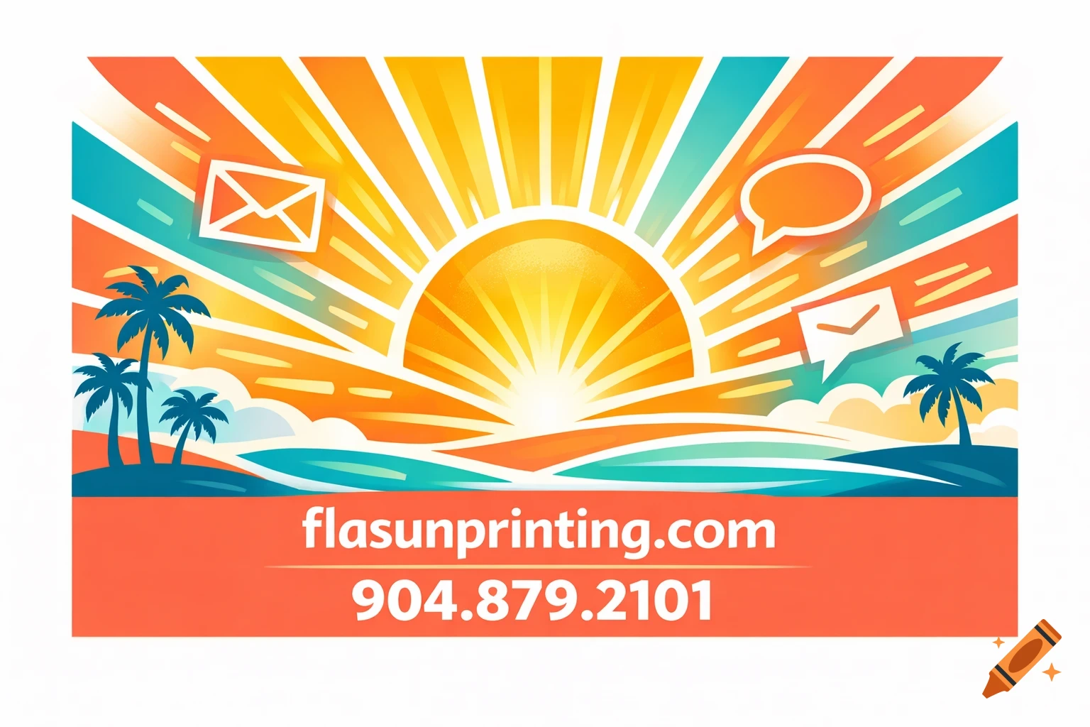 Bright, colorful illustration of a tropical beach scene with palm trees, a rising sun, and communication icons. A red banner displays "flasunprinting.com" and "904.879.2101".