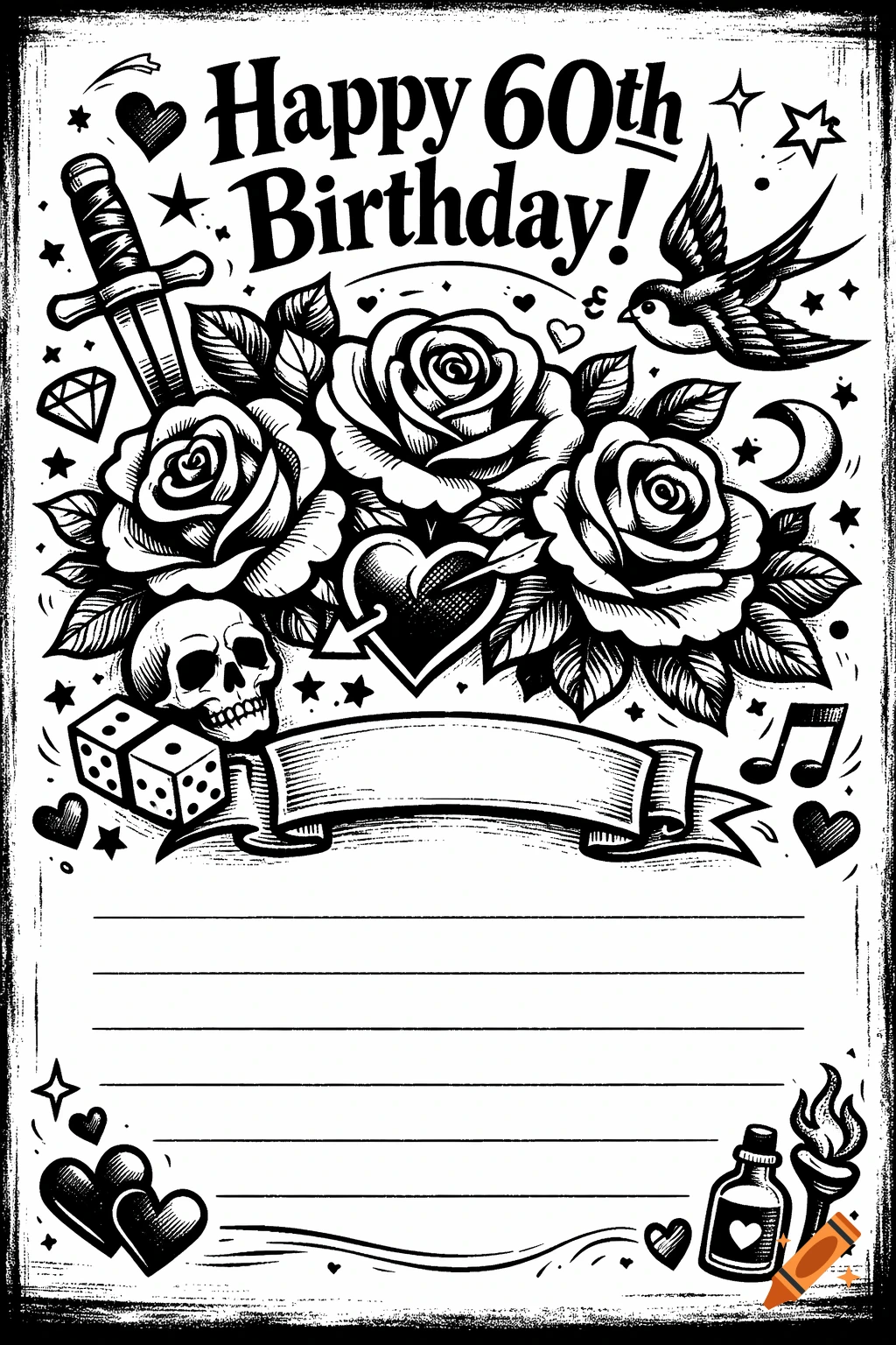 Black and white traditional tattoo style birthday card with roses, a skull, a dagger, a bird, and 'Happy 60th Birthday!' text.