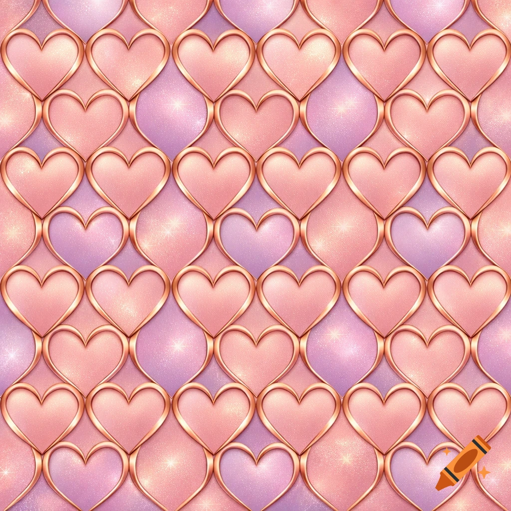 Seamless pattern of interlocking rose gold-outlined hearts, alternating between sparkly pink and lavender backgrounds.
