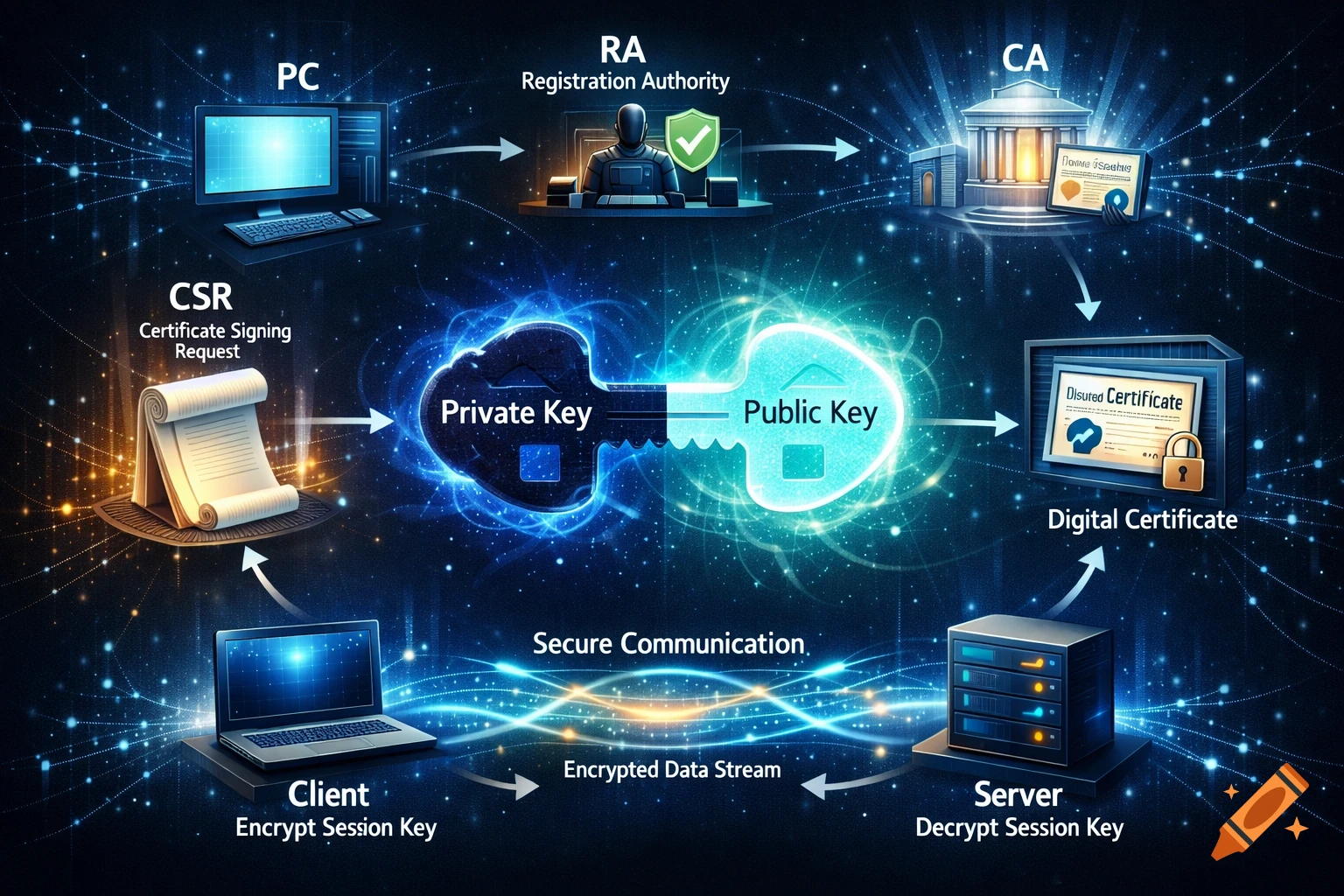 A glowing blue and black diagram illustrating the process of secure communication using public and private keys, digital certificates, clients, and servers.