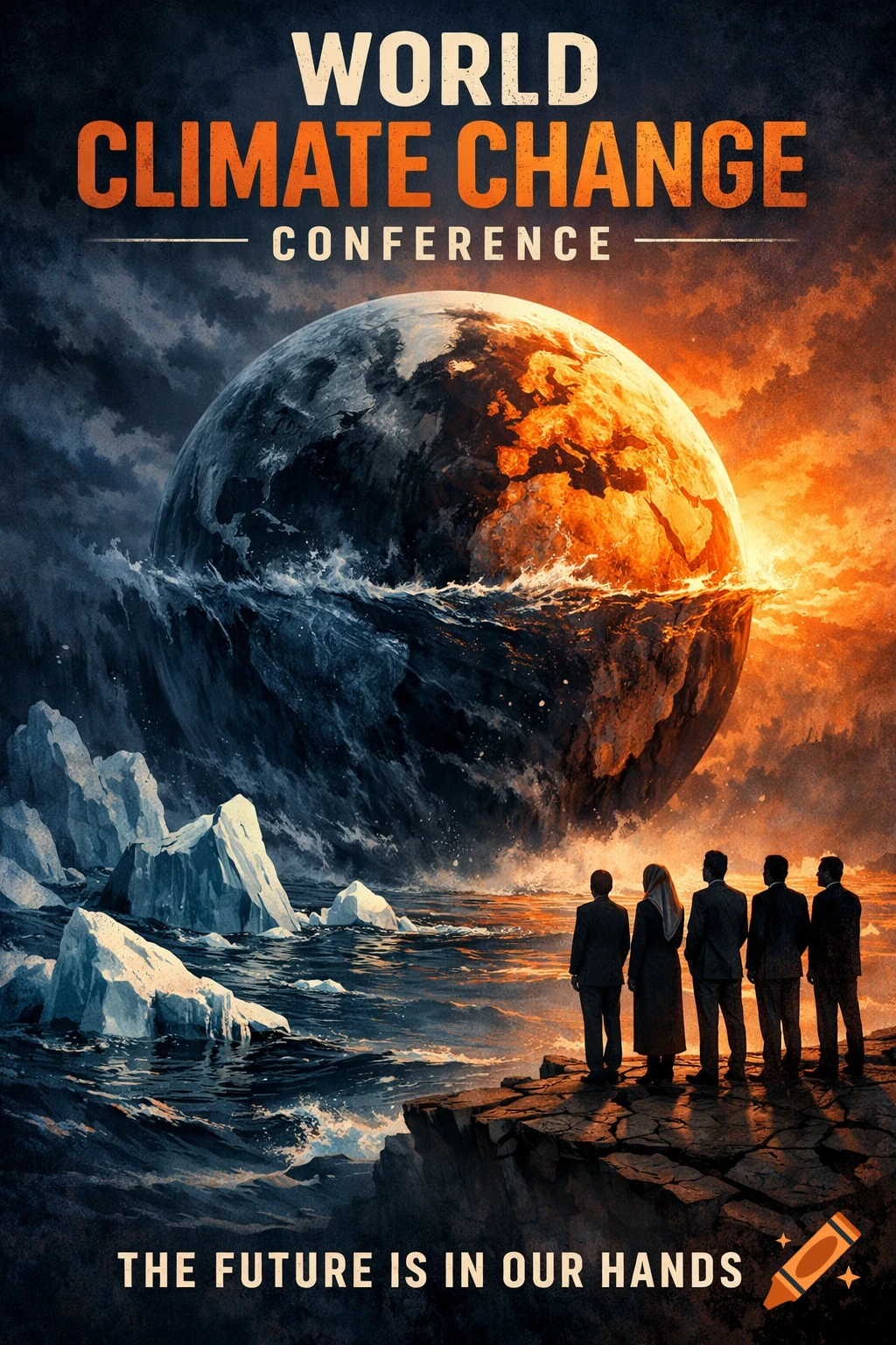 Dramatic poster for World Climate Change Conference: split Earth (ice/fire), turbulent ocean, icebergs, people on a cliff.