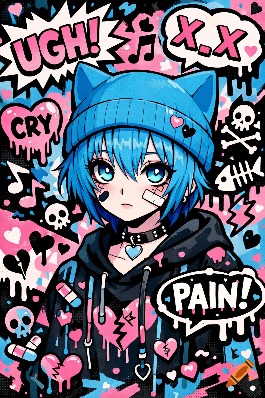 Anime character with blue hair, cat-ear beanie, and bandages, set against a vibrant pop art background with graffiti, speech bubbles, skulls, and hearts.