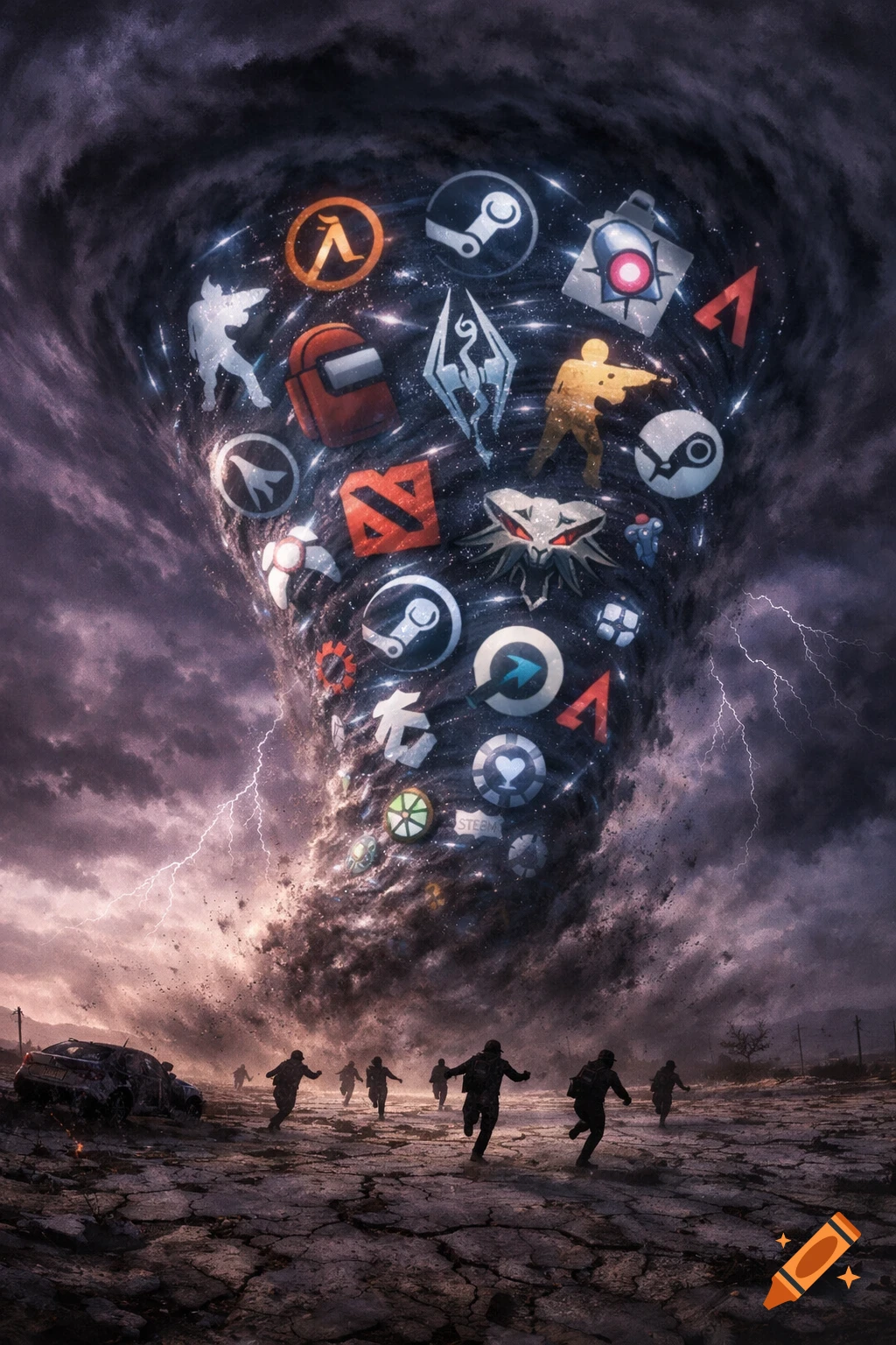 A dramatic storm vortex, filled with glowing video game logos, looms over a cracked, barren landscape where silhouetted figures run.