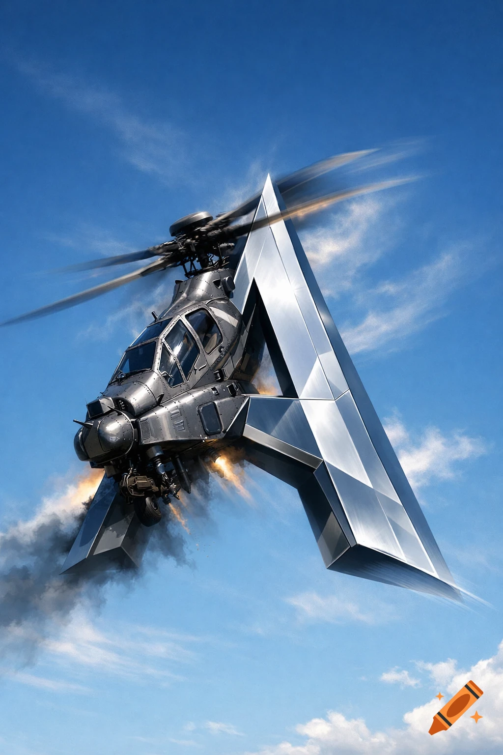 A metallic grey attack helicopter flies into a giant shiny silver letter A, set against a bright blue sky with white clouds.