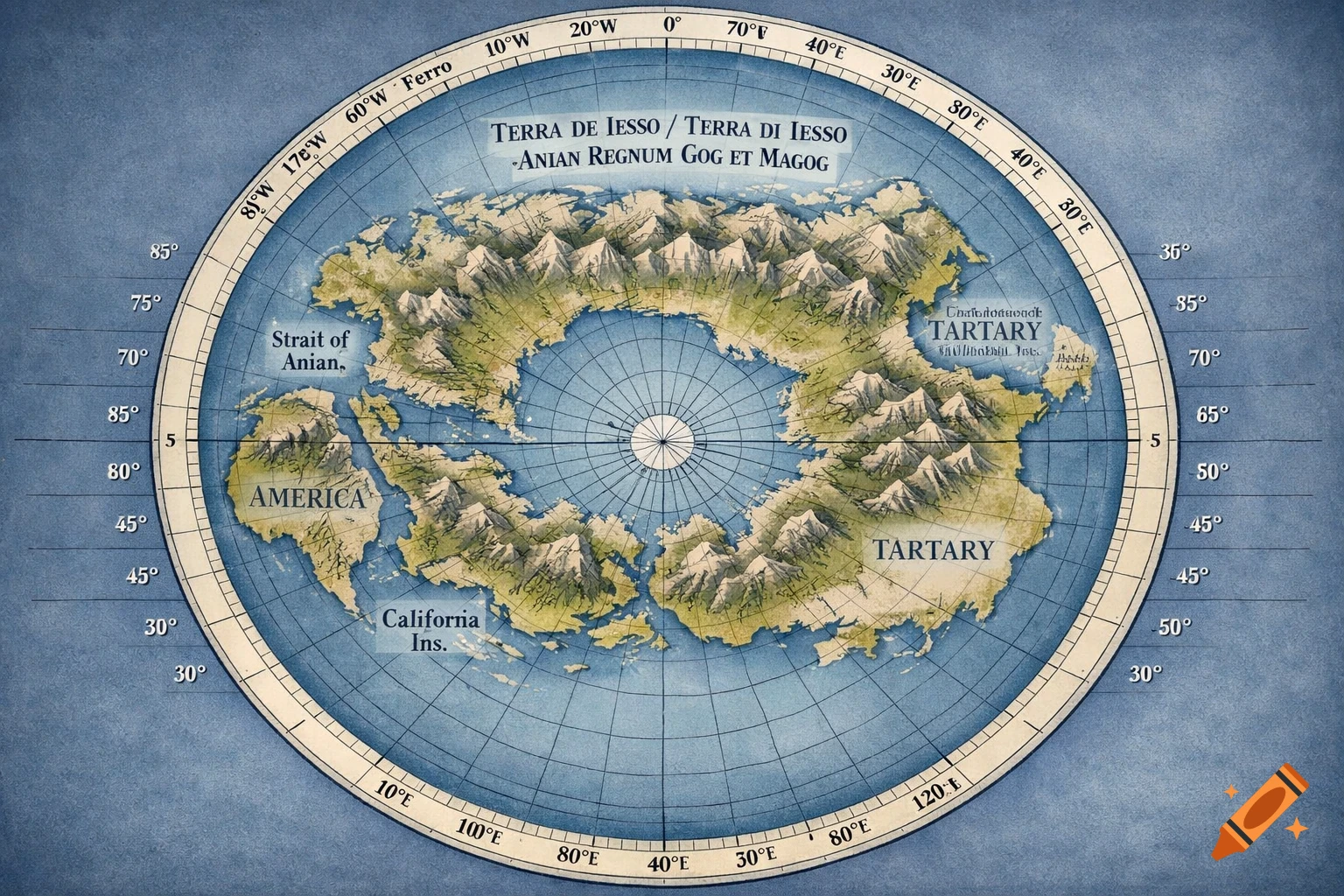 An antique-style Azimuthal Equidistant projection map centered on the North Pole, featuring a reconstructed northern landmass labeled "Terra de Iesso" and "Anian Regnum Gog et Magog." The map shows "America" with "California Ins." and "Tartary," with grid lines and degree markings. The style is detailed and aged.