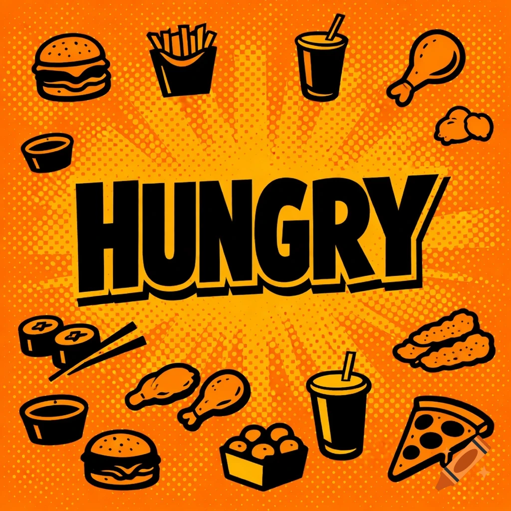 Pop art poster with 'HUNGRY' text and scattered black icons of burgers, fries, drinks, sushi, and chicken on an orange halftone background.