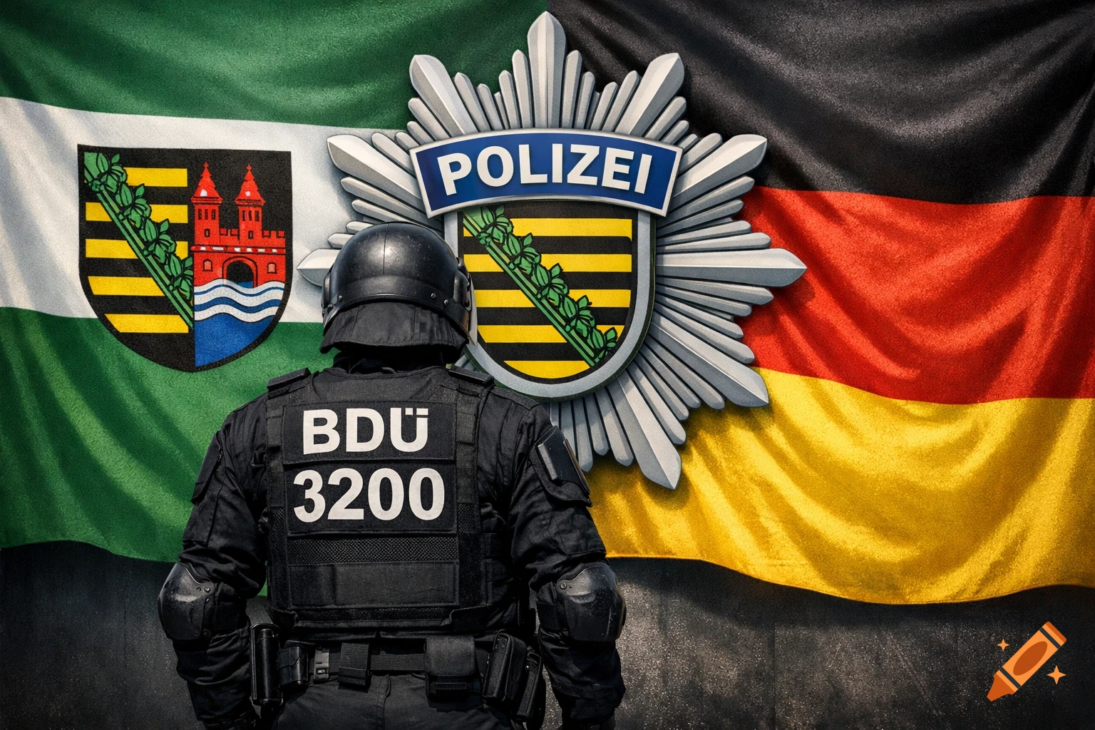 Police officer in tactical uniform from behind, with 'BDÜ 3200' on back, against German flag and Saxony symbols with 'POLIZEI'.