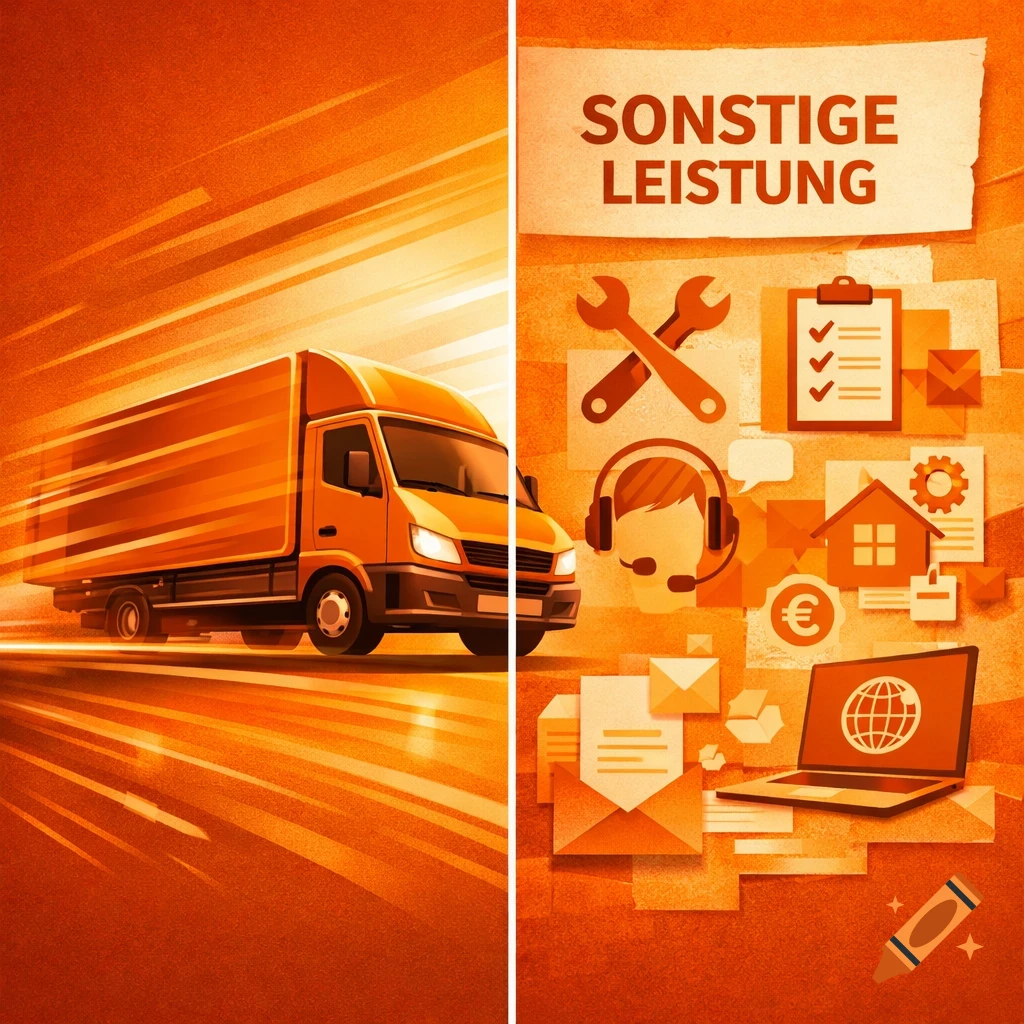 Orange illustration showing a speeding delivery truck on the left and 'SONSTIGE LEISTUNG' with service icons like tools, headset, and laptop on the right.