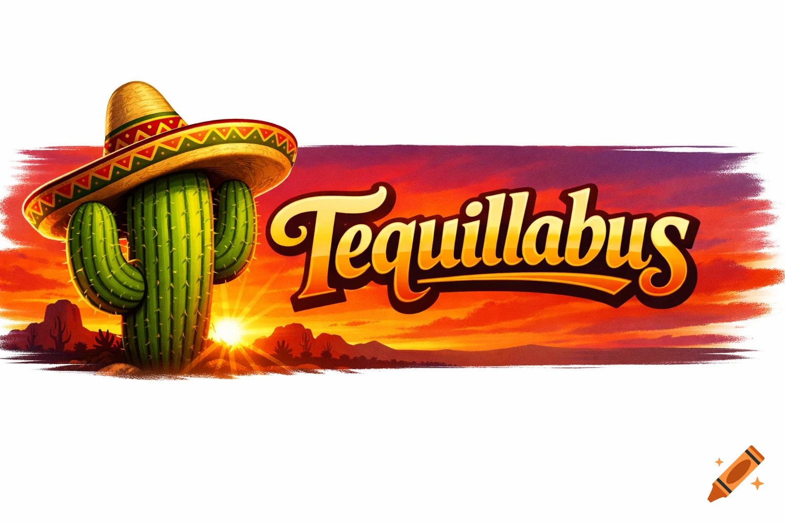 A cartoonish cactus wearing a sombrero next to the stylized text "Tequillabus" against a vibrant sunset desert background.