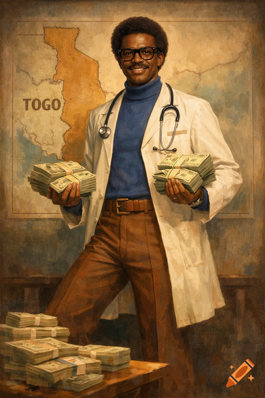 A smiling man in a retro doctor's outfit with horn-rimmed glasses holds stacks of money in front of a map of Togo, with more money on a table.
