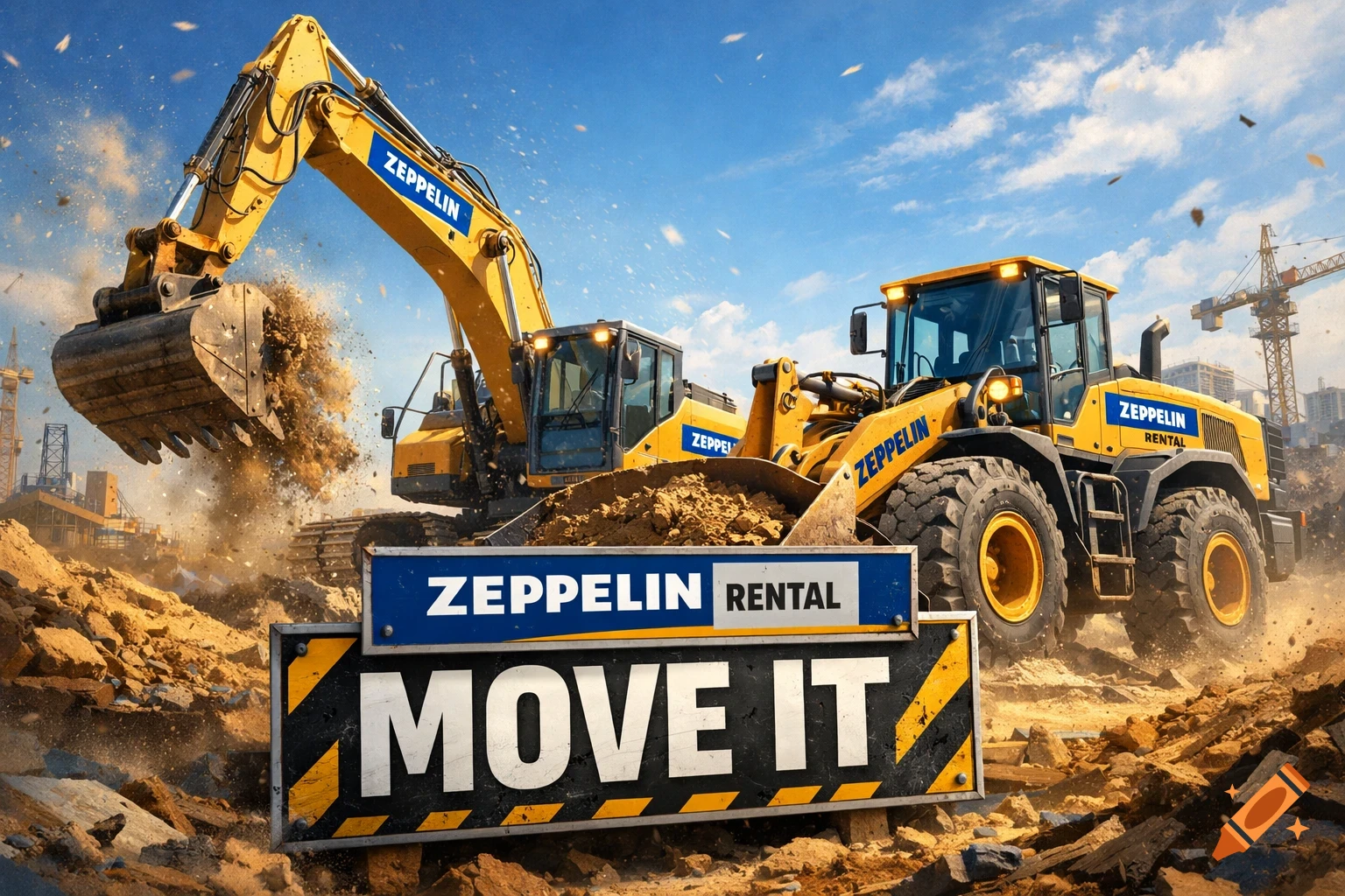 A photorealistic image showing a yellow excavator and wheel loader on a dusty construction site, with a sign reading "ZEPPELIN RENTAL MOVE IT" in the foreground.