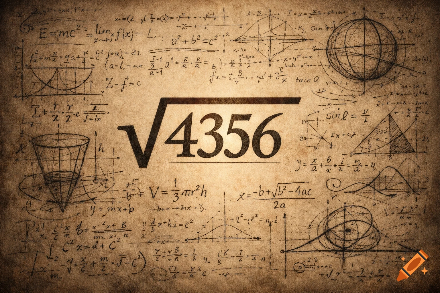 An old, sepia-toned parchment covered with handwritten mathematical formulas, geometric sketches, and a large square root symbol with '4356' in the center.