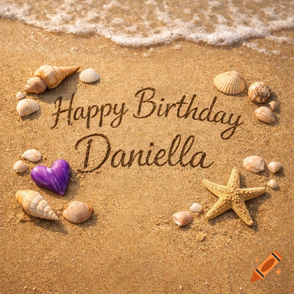 Photorealistic image of "Happy Birthday Daniella" written in sand on a beach, surrounded by seashells, a starfish, and a purple heart-shaped shell, with waves.