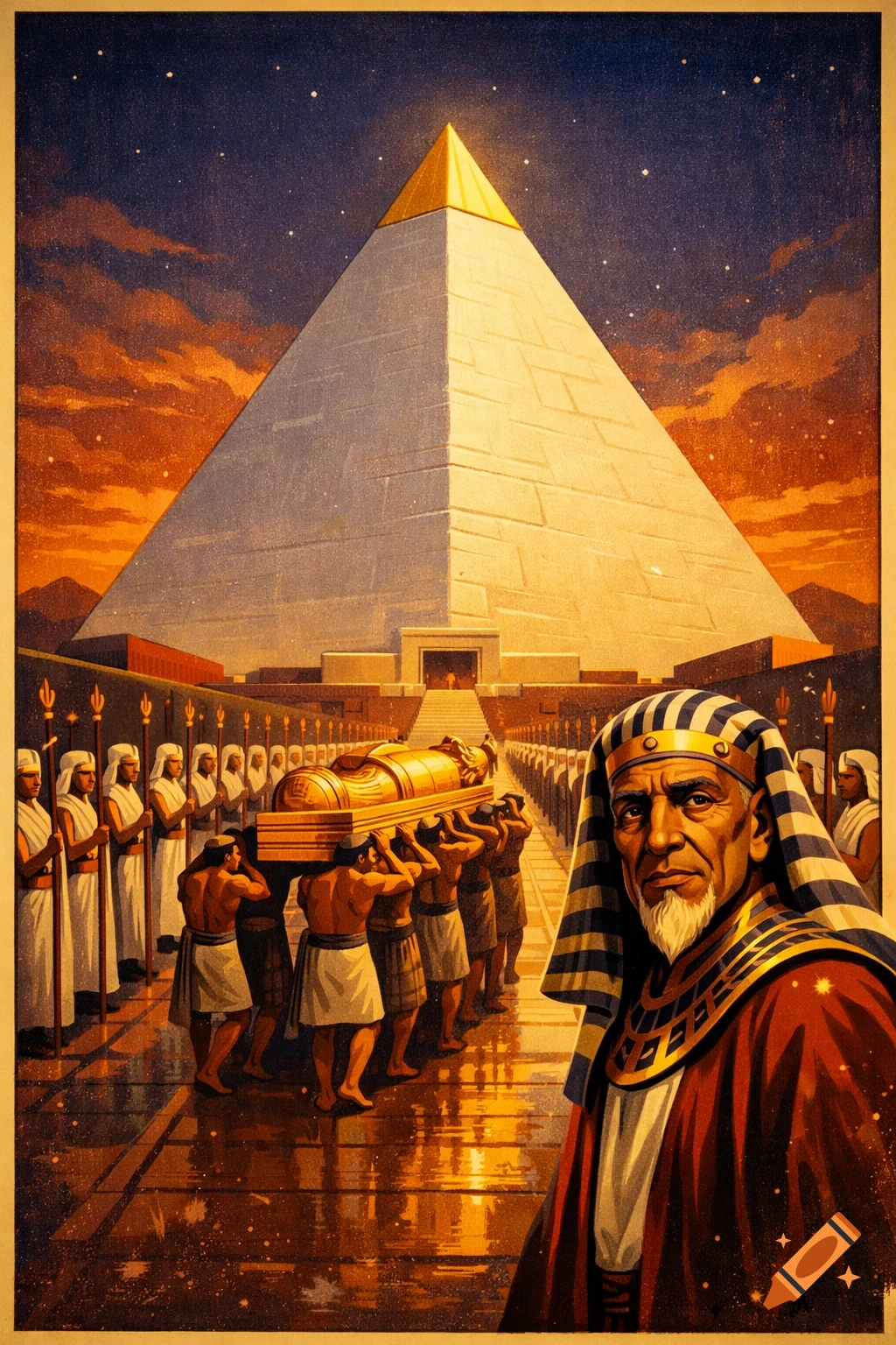 A 1930s style illustration of an Egyptian procession carrying a golden sarcophagus towards a large pyramid, with a priest looking at the viewer.