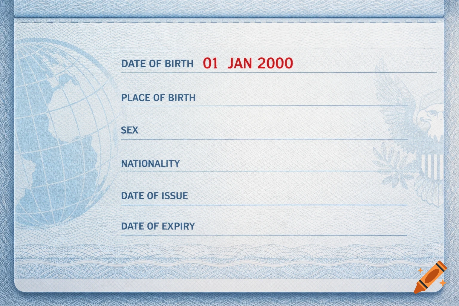 A blank, light blue fake passport information page with the date of birth listed as 01 JAN 2000.