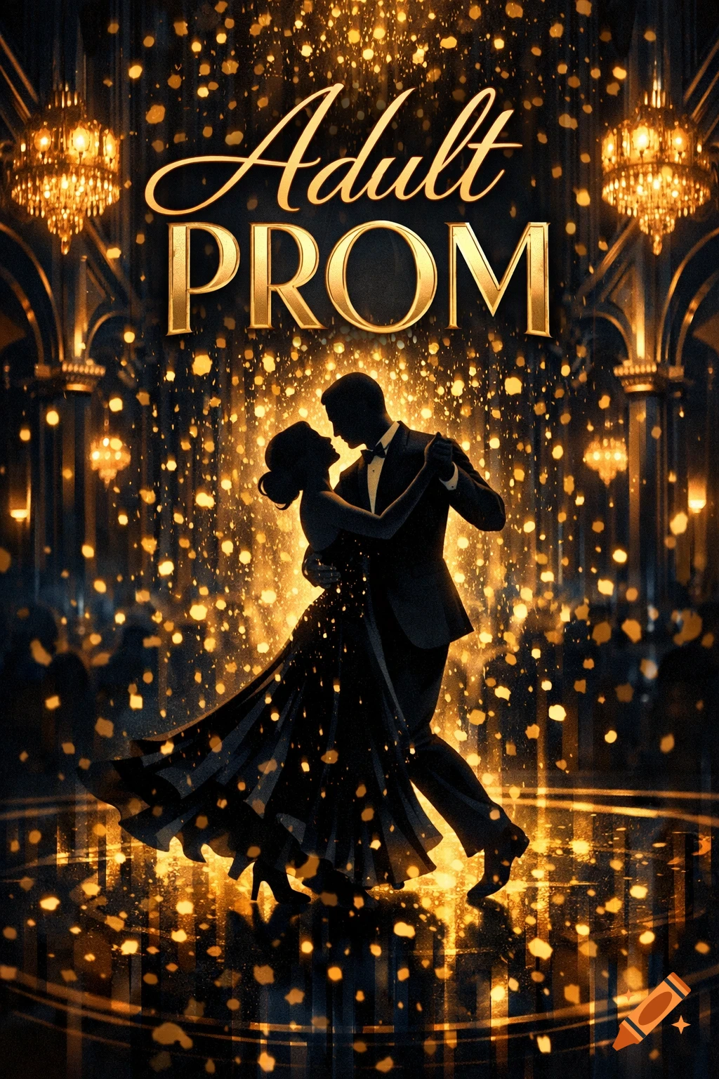 Silhouette of a couple dancing in a grand ballroom with golden sparkles and chandeliers, with the text 'Adult PROM' above.