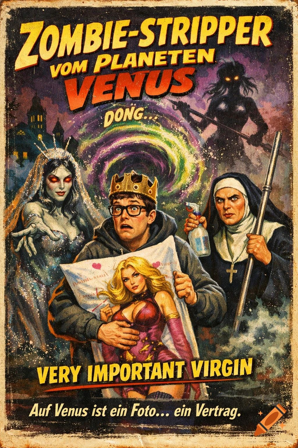 A vintage-style horror movie poster titled "ZOMBIE-STRIPPER VOM PLANETEN VENUS", depicting a nerd with a crown and body pillow surrounded by a zombie bride, a stern nun, and a swirling portal.