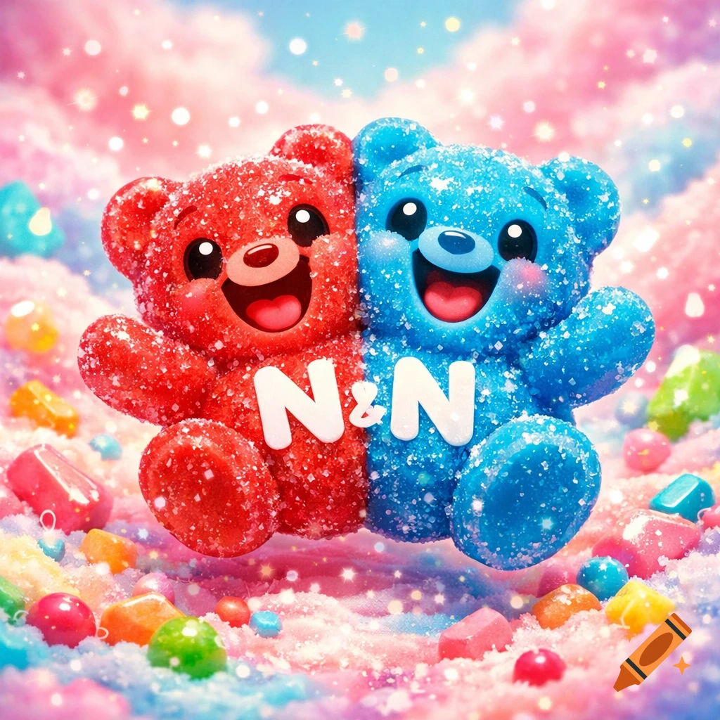 Two happy, sugar-coated gummy bears, one red and one blue, with 'N&N' on their chests, surrounded by colorful candies and glitter.