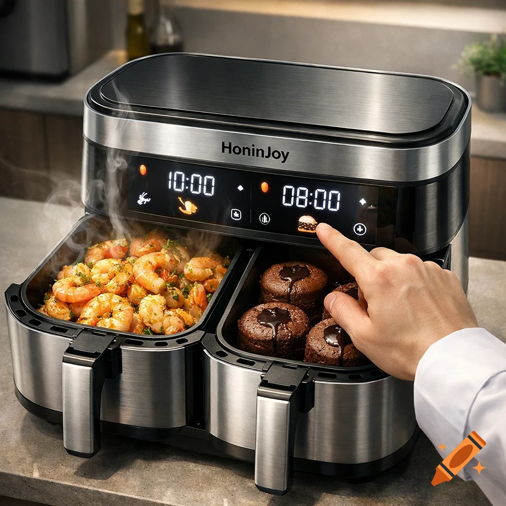 A high-angle shot of a chef's hand adjusting a HoninJoy dual-basket air fryer, with bubbling garlic shrimp and mini chocolate lava cakes.