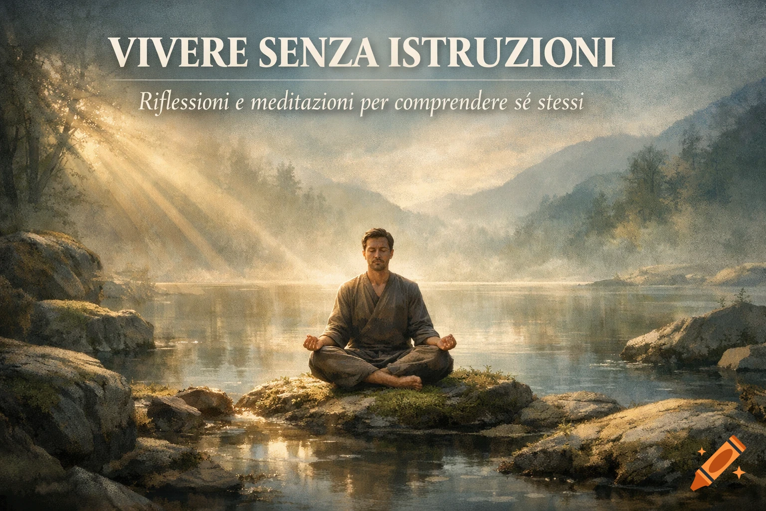 A man meditates in a lotus position on a rock in a serene lake, surrounded by misty mountains and sun rays.