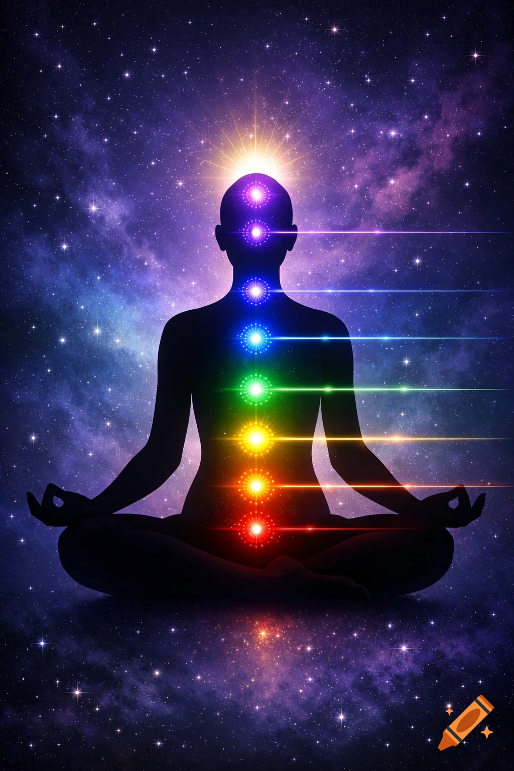 Silhouette of a person meditating in lotus pose with seven glowing chakras aligned, set against a vibrant starry cosmic background.