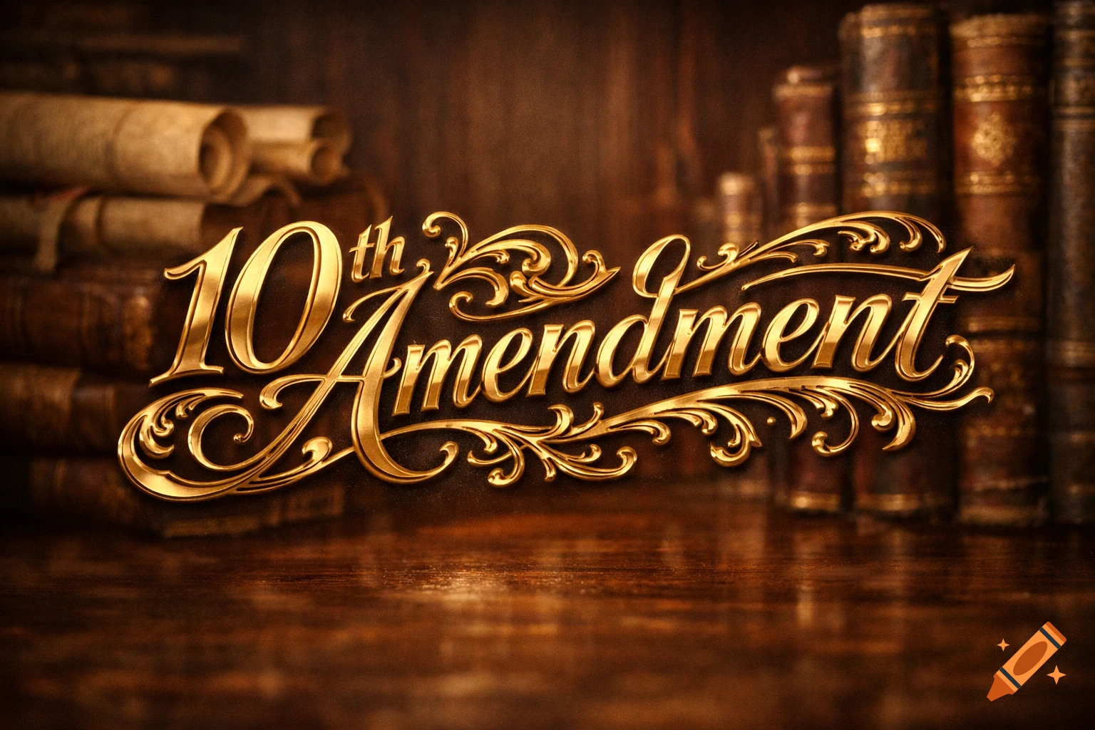 Ornate gold text '10th Amendment' on a dark wooden background with blurred old books and scrolls.