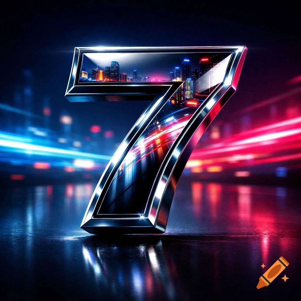 Shiny metallic number 7 reflecting a cyberpunk cityscape with blurred red and blue light trails on a wet surface.