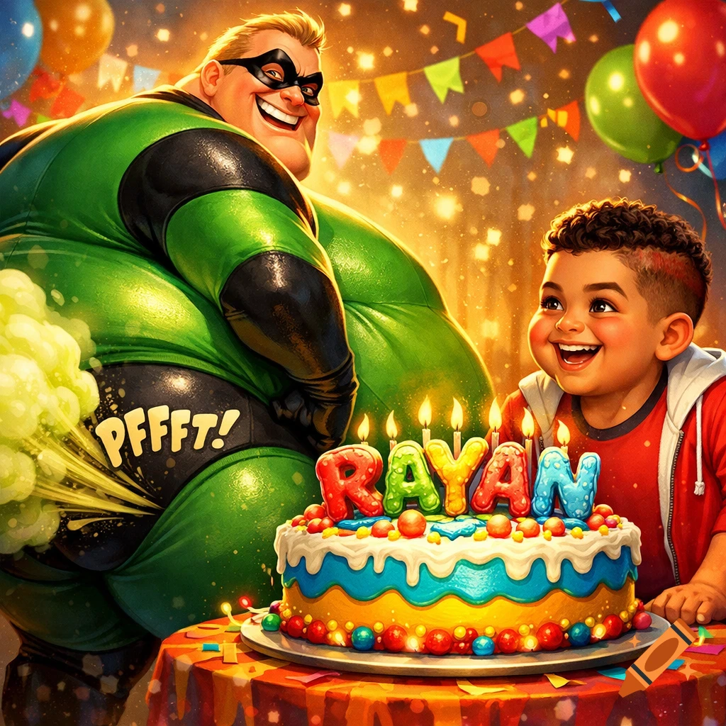 An obese green superhero farts "PFFFFT!" next to a laughing child, Rayan, and his colorful birthday cake at a party.