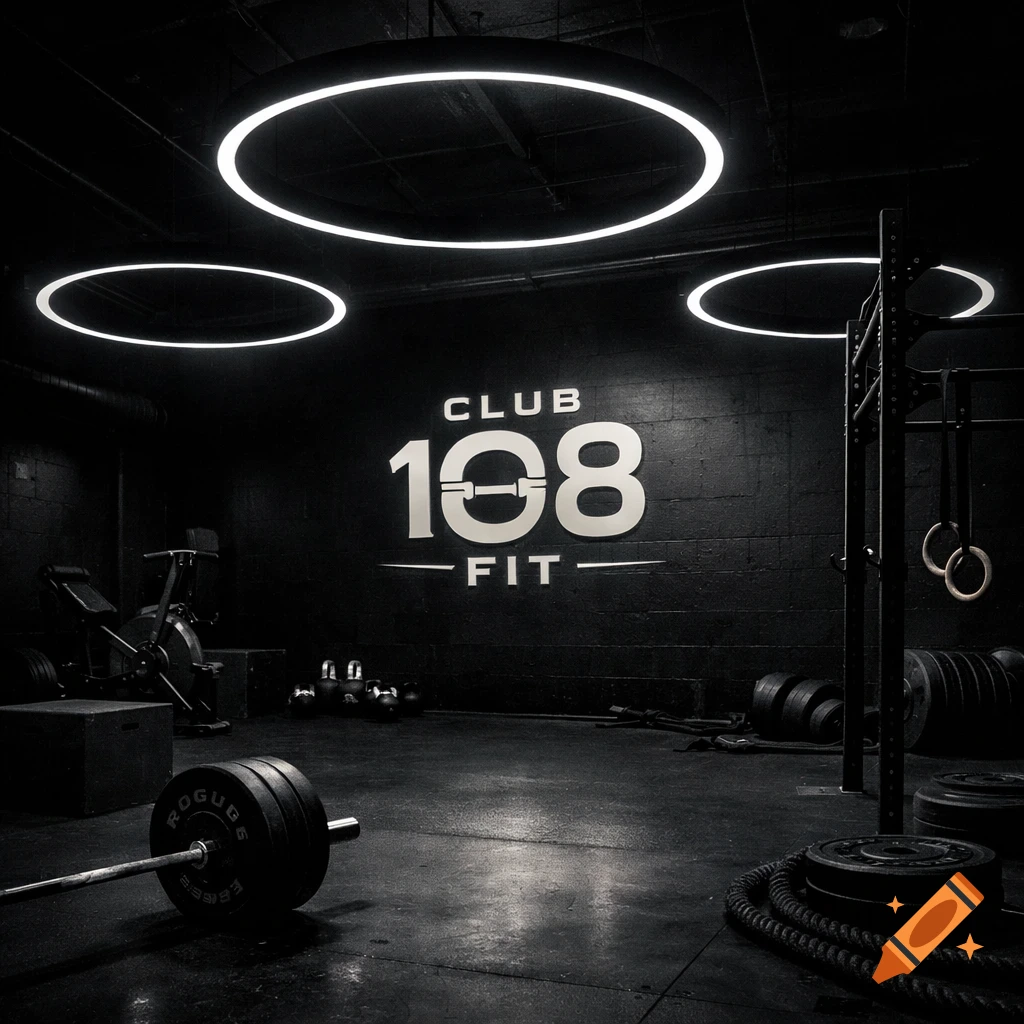 Dark-toned gym interior with a large "CLUB 108 FIT" logo on a brick wall, illuminated by circular LED ceiling lights and featuring various workout equipment like barbells, kettlebells, and a rowing machine.