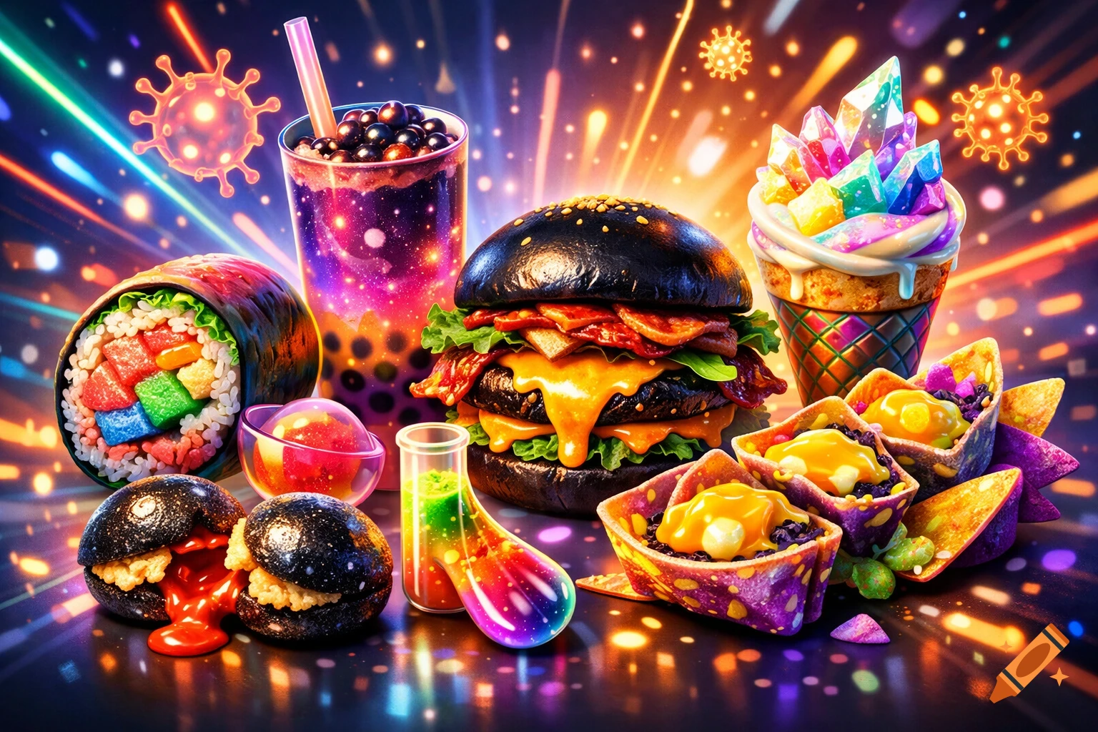 Vibrant, fantastical food including a black burger, sushi, boba tea, crystal ice cream, and colorful tacos, glowing against a neon background with virus shapes.