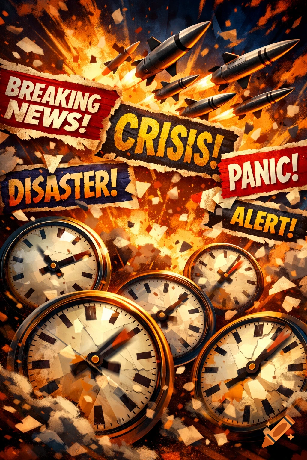 Cartoon illustration of missiles flying above exploding headlines and ticking clocks, depicting a dramatic crisis.