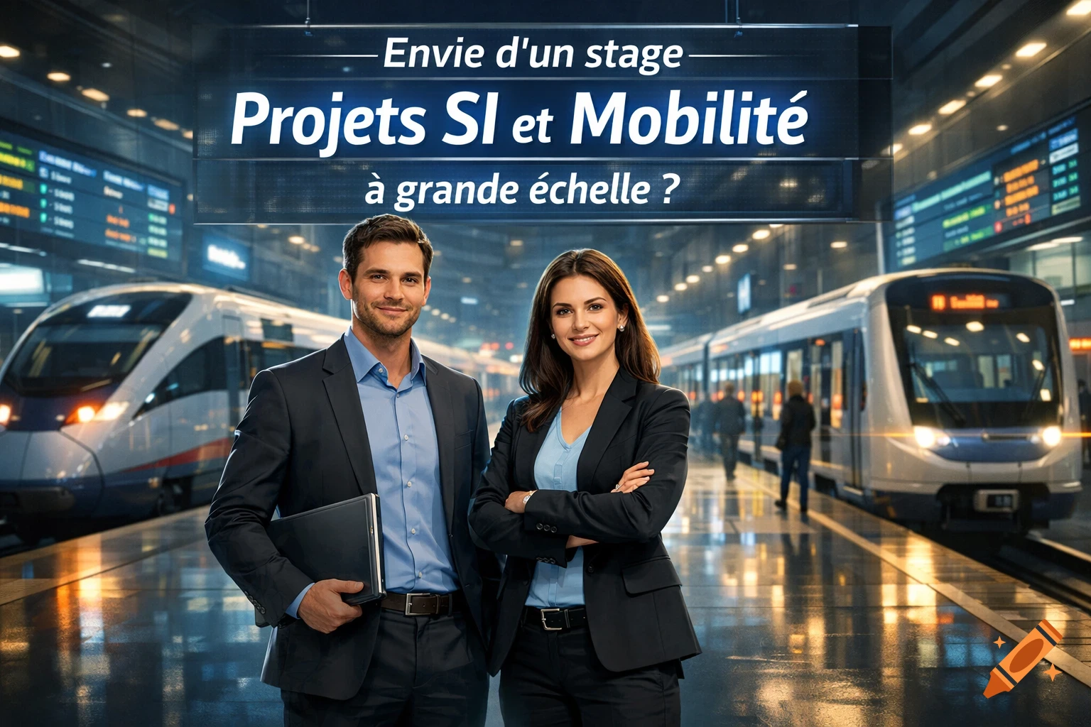 A man and woman in business suits at a train station, with text 'Envie d'un stage Projets SI et Mobilité à grande échelle ?'.
