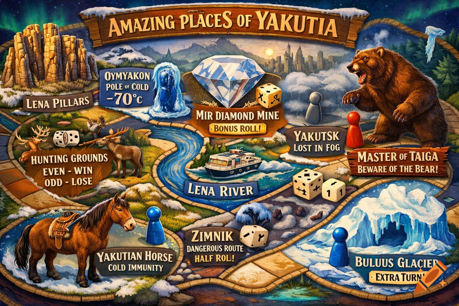 An illustrated board game map titled "Amazing Places of Yakutia" with various themed cells like Lena Pillars, Mir Diamond Mine, Hunting Grounds, Yakutian Horse, Lena River, Zimnik, Yakutsk, Master of Taiga with a bear, and Buluus Glacier. The map features game pieces, dice, and landscape elements like mountains, forests, and ice.