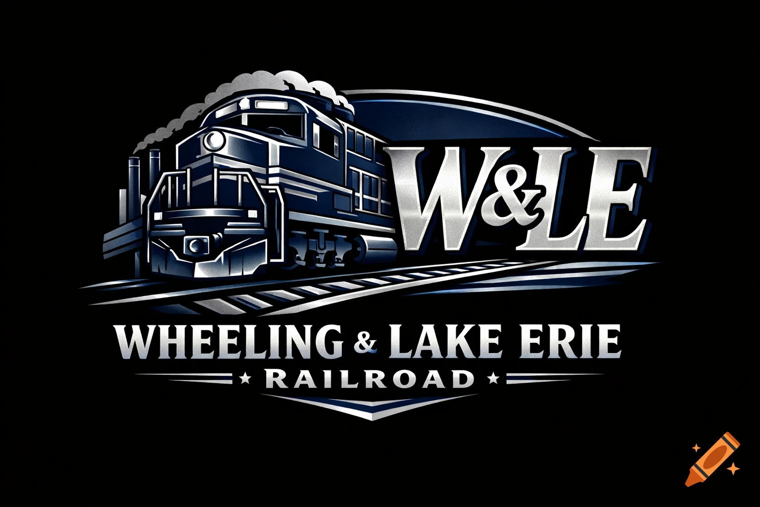 A stylized logo for Wheeling & Lake Erie Railroad featuring a blue and silver train locomotive and text on a black background.