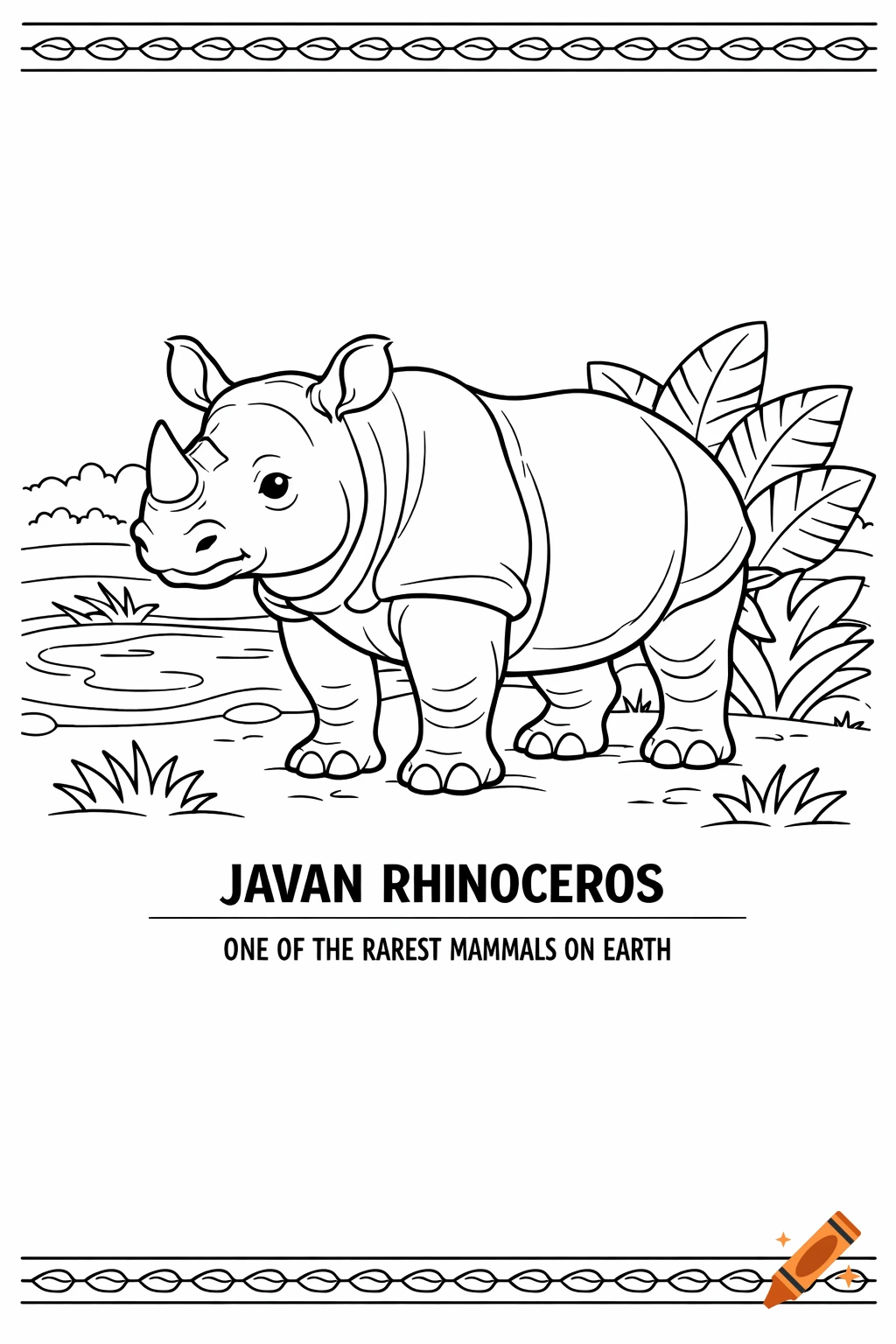 Black-and-white coloring page for children, featuring a Javan rhinoceros in a jungle setting. Text reads "JAVAN RHINOCEROS, ONE OF THE RAREST MAMMALS ON EARTH."