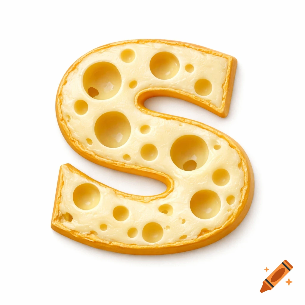A 3D rendering of the letter 'S' made from Swiss cheese with visible holes, isolated on a white background.