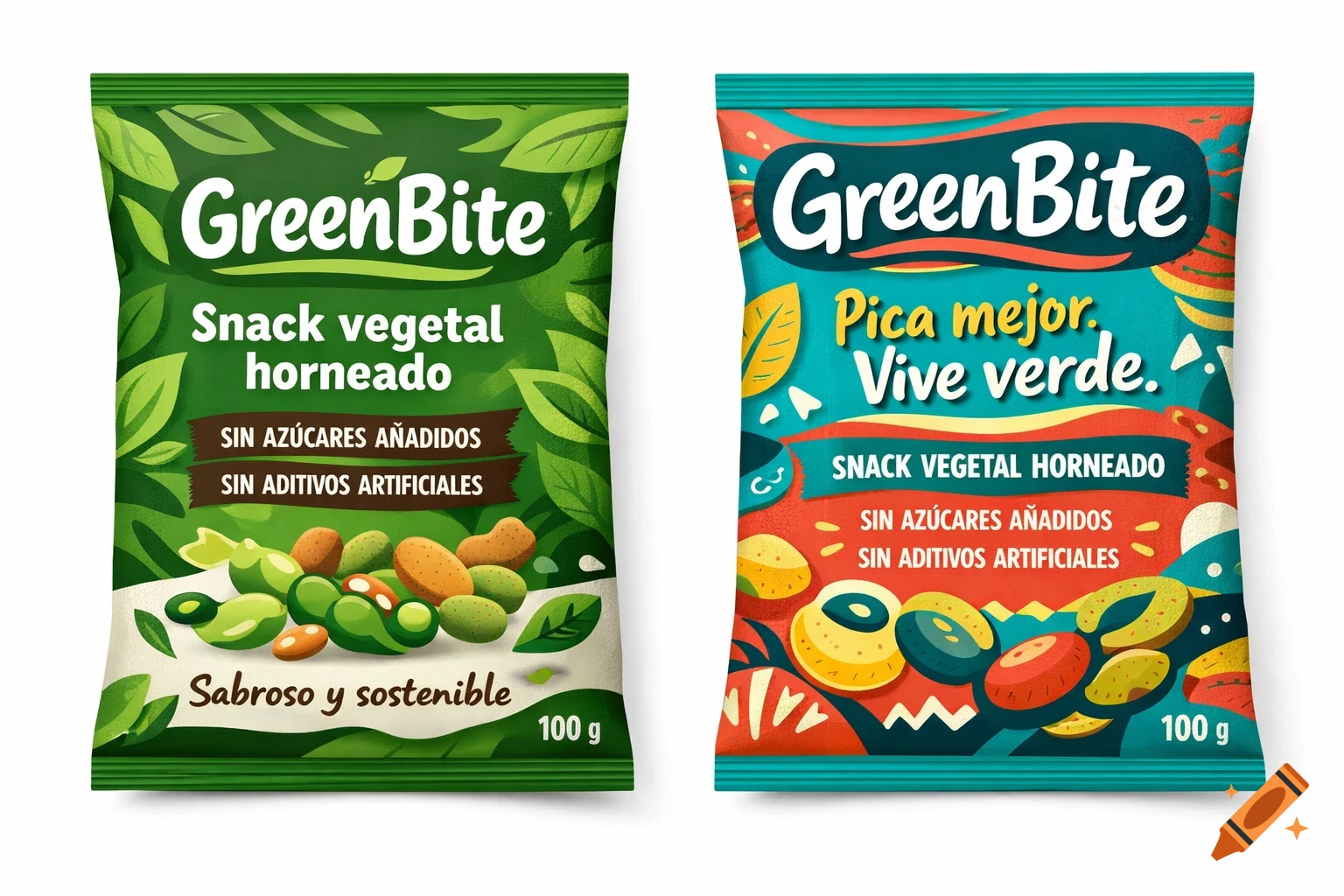 Two colorful snack bags for 'GreenBite' vegetable snacks. One green with leaves, one blue with a vibrant pattern.