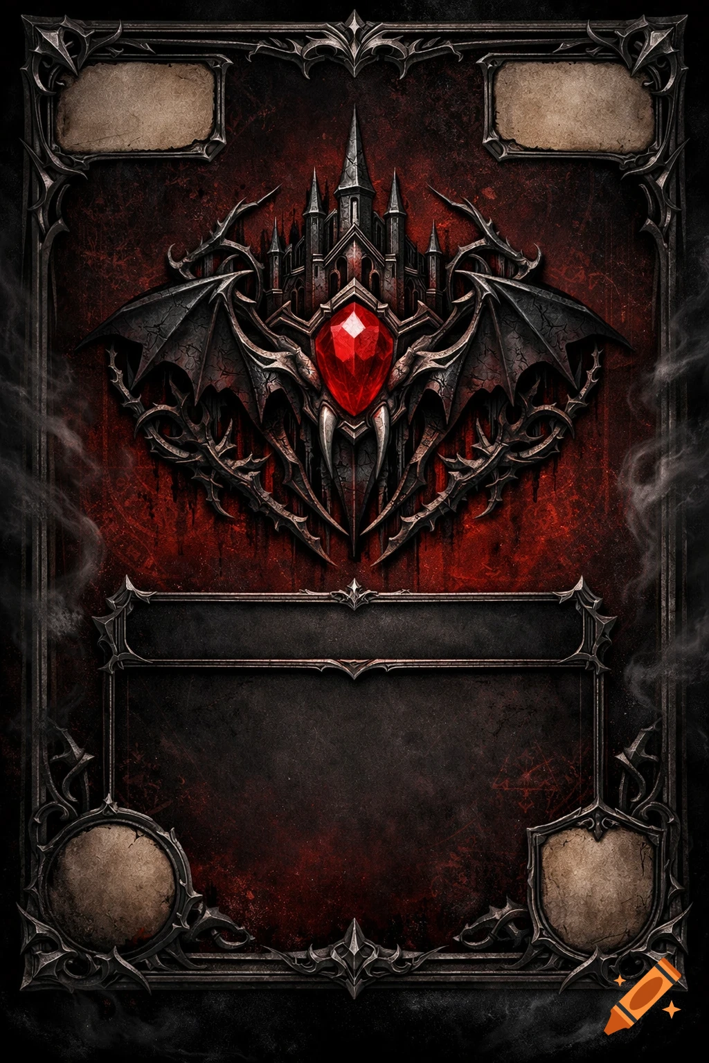 Dark gothic trading card template with a central crest featuring a vampire castle, bat wings, and a red gem, against a distressed red background.