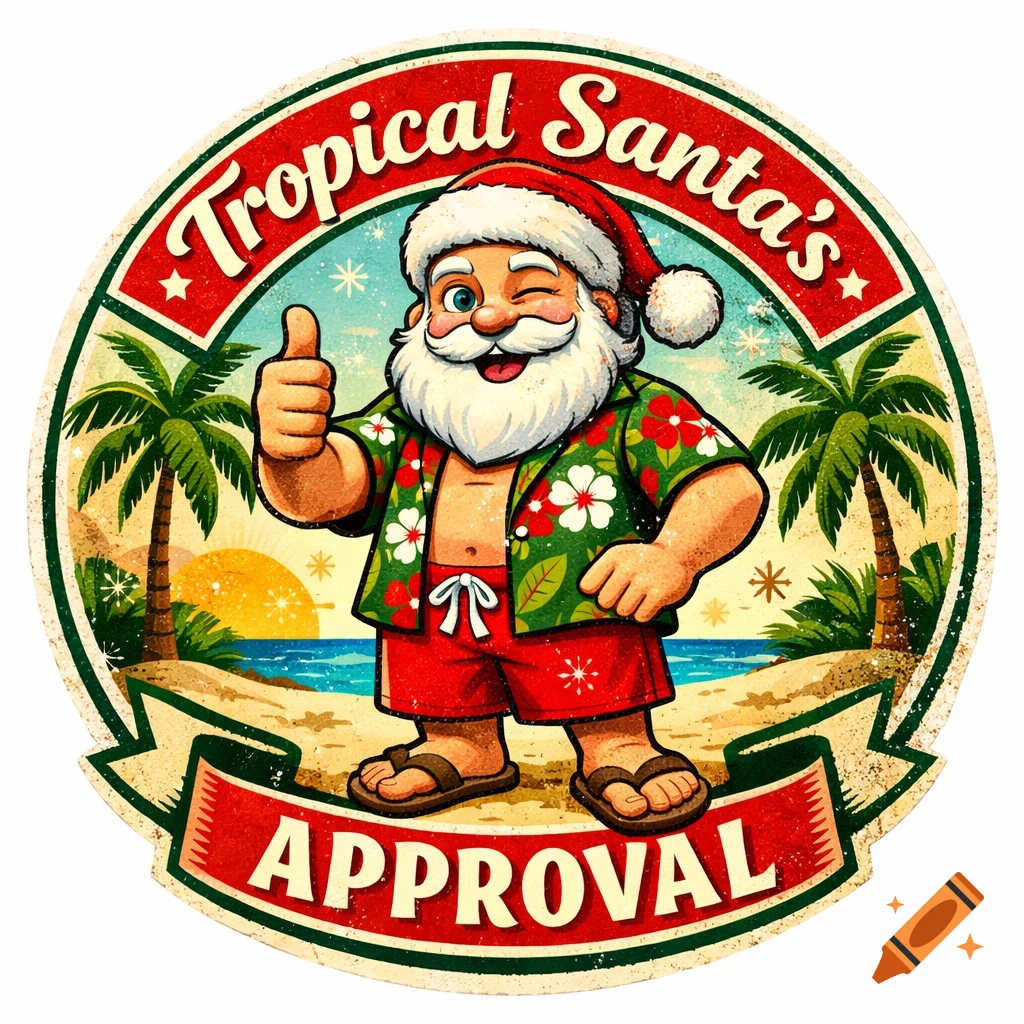 Cartoon tropical Santa Claus giving a thumbs up on a beach, with text 'Tropical Santa's APPROVAL' on a vintage-style circular logo.